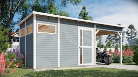Casetta da giardino Kiel 03 con tetto apribile incl. pavimento, verniciato grigio chiaro - Casetta da giardino prefabbricata da 19 mm, superficie utile: 7,70 m², tetto piano