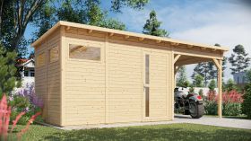 Casetta da giardino Kiel 03 con tetto estensibile incl. pavimento, finitura naturale - Casetta da giardino prefabbricata da 19 mm, superficie utile: 7,70 m², tetto piano