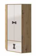 Armadio angolare "Garian" 02 | Rovere, bianco lucido, grigio | 191 x 88 x 88 cm | Cameretta salvaspazio