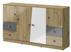 Cassettiera moderna Sirte 06 | Rovere, bianco e grigio lucido | 90 x 160 x 40 cm | 4 ante e 4 cassetti