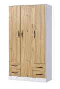 Armadio | Armadio con ante a battente | 3 ante | 120 x 50 x 225 cm | Colore: rovere / bianco / nero | 3 ante | 4 cassetti | 11 scomparti | 1 asta appendiabiti | Nalut 01