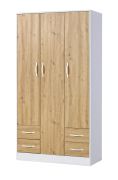 Armadio | Armadio con ante a battente | 3 ante | 120 x 50 x 225 cm | Colore: rovere / bianco | 3 ante | 4 cassetti | 11 scomparti | 1 asta appendiabiti | Nalut 01