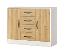 Comò in rovere / bianco / nero | 120 x 40 x 95 cm | 2 ante | 4 cassetti | 4 ripiani | 6 scomparti | maniglie in metallo | Nalut 03