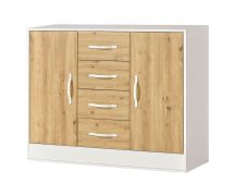 Comò in rovere / bianco | 120 x 40 x 95 cm | 2 ante | 4 cassetti | 4 ripiani | 6 scomparti | maniglie in metallo bianco | Nalut 03