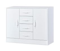 Comò bianco | 120 x 40 x 95 cm | 2 ante | 4 cassetti | 4 ripiani | 6 scomparti | Maniglie in metallo | Nalut 03