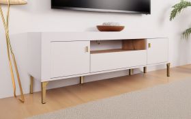 Mobile porta TV 24 in cashmere | Maniglie oro | 1 cassetto, 2 ante, 3 scomparti | 51,5 x 177 x 40 cm