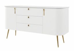 Cassettiera moderna bianco opaco Palauli 03 | 158 x 47 x 82 cm | 3 cassetti, 2 ante, soft close, dettagli oro