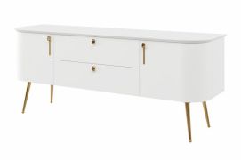 Mobile porta TV bianco opaco | 158 x 47 x 65 cm | Palauli 01 | 2 cassetti | 2 ante | gambe e maniglie oro | frontali arrotondati