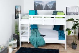 Letto a castello 140 x 190 cm per adulti "Easy Premium Line" K24/n, sezione testa e piedi dritta, legno massiccio di faggio laccato bianco, divisibile