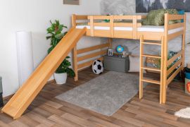 Letto a soppalco grande con scivolo 160 x 190 cm | Faggio massiccio laccato naturale | Trasformabile | Easy Premium Line K31/n