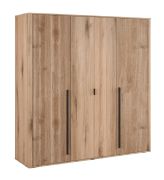 Armadio 4 ante battenti rovere scanalato | 6 ripiani, 3 appendiabiti | Maniglie nere allungate | 209 x 200 x 57 cm