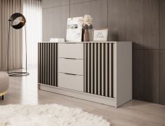 Cassettiera moderna Leeds 28 | Cashmere elegante | 86 x 155 x 45 cm | 2 ante, 3 cassetti, maniglie allungate, doghe nere