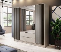 Armadio con specchio Leeds 34 | Cashmere e doghe nere | 200 x 206 x 51 cm | 4 ante, 2 cassetti, 10 vani