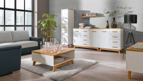 Soggiorno completo 6 pezzi | Serie Panduros | Bianco pino e marrone rovere | Design moderno
