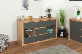 Madia soggiorno Faleula 01 | Rovere e grigio | 79 x 140 x 43 cm | Design moderno senza maniglie