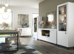 Sala da pranzo completa 4 pezzi | Bianco opaco e rovere | Bordi ABS | Maniglie dorate | Set L "Barbe"