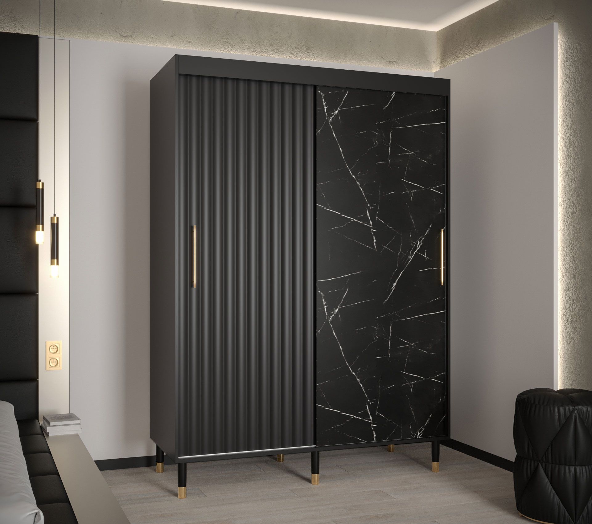Eccezionale armadio ad ante scorrevoli Jotunheimen 162, colore: nero - Dimensioni: 208 x 150,5 x 62 cm (A x L x P)