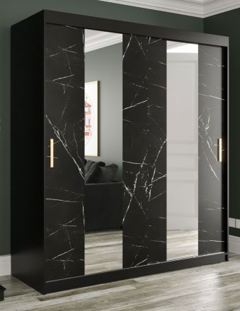 Elegante Armadio effetto marmo Etna 13, nero opaco / marmo nero - 200 x 180 x 62 cm (h x l x p), con due specchi
