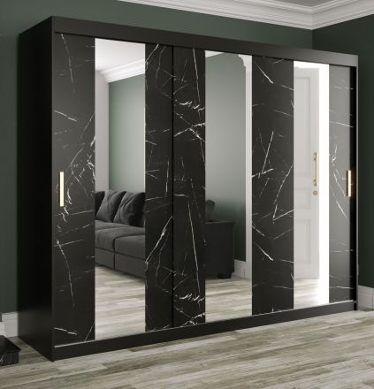 Armadio a 3 ante con tre specchi Etna 21, nero opaco / marmo nero - 200 x 250 x 62 cm (h x l x p), molto spazioso