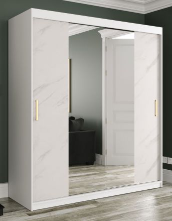 Armadio con grande specchio Etna 64, bianco opaco / marmo bianco - 200 x 180 x 62 cm (h x l x p), 10 scomparti