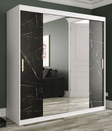 Armadio con anta a specchio Etna 67, bianco opaco / marmo nero - 200 x 200 x 62 cm (h x l x p), 10 scomparti e 2 barre appendiabiti