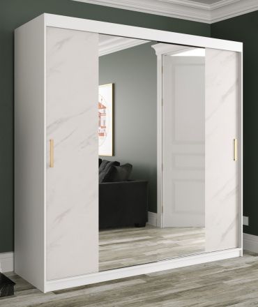 Elegante Armadio con grande specchio Etna 68, bianco opaco / marmo bianco - 200 x 200 x 62 cm (h x l x p), 10 scomparti e 2 barre appendiabiti