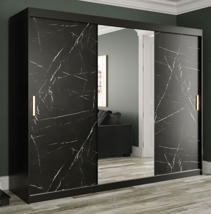 Elegante Armadio spazioso Etna 69, nero opaco / marmo nero - 200 x 250 x 62 cm (h x l x p), con specchio
