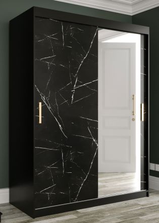 Armadio spazioso Etna 81, nero opaco / marmo nero - 200 x 150 x 62 cm (h x l x p), con anta a specchio