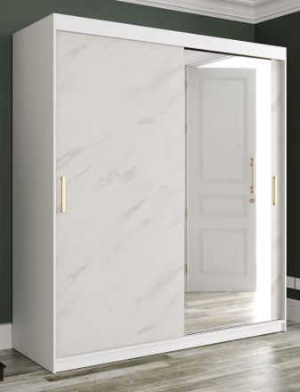 Armadio con anta a specchio Etna 88, bianco opaco / marmo bianco - 200 x 180 x 62 cm (h x l x p), 10 scomparti