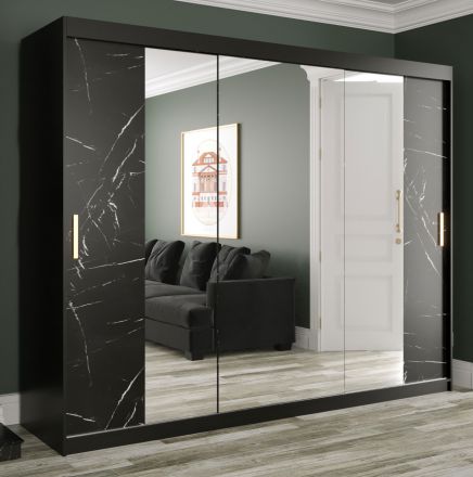 Armadio con anta a specchio Etna 93, nero opaco / marmo nero - 200 x 250 x 62 cm (h x l x p), molto spaziosa