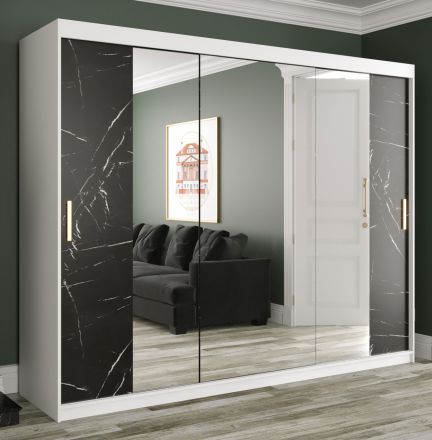 Grande Armadio a specchio Etna 95, bianco opaco / marmo nero - 200 x 250 x 62 cm (h x l x p), 10 scomparti