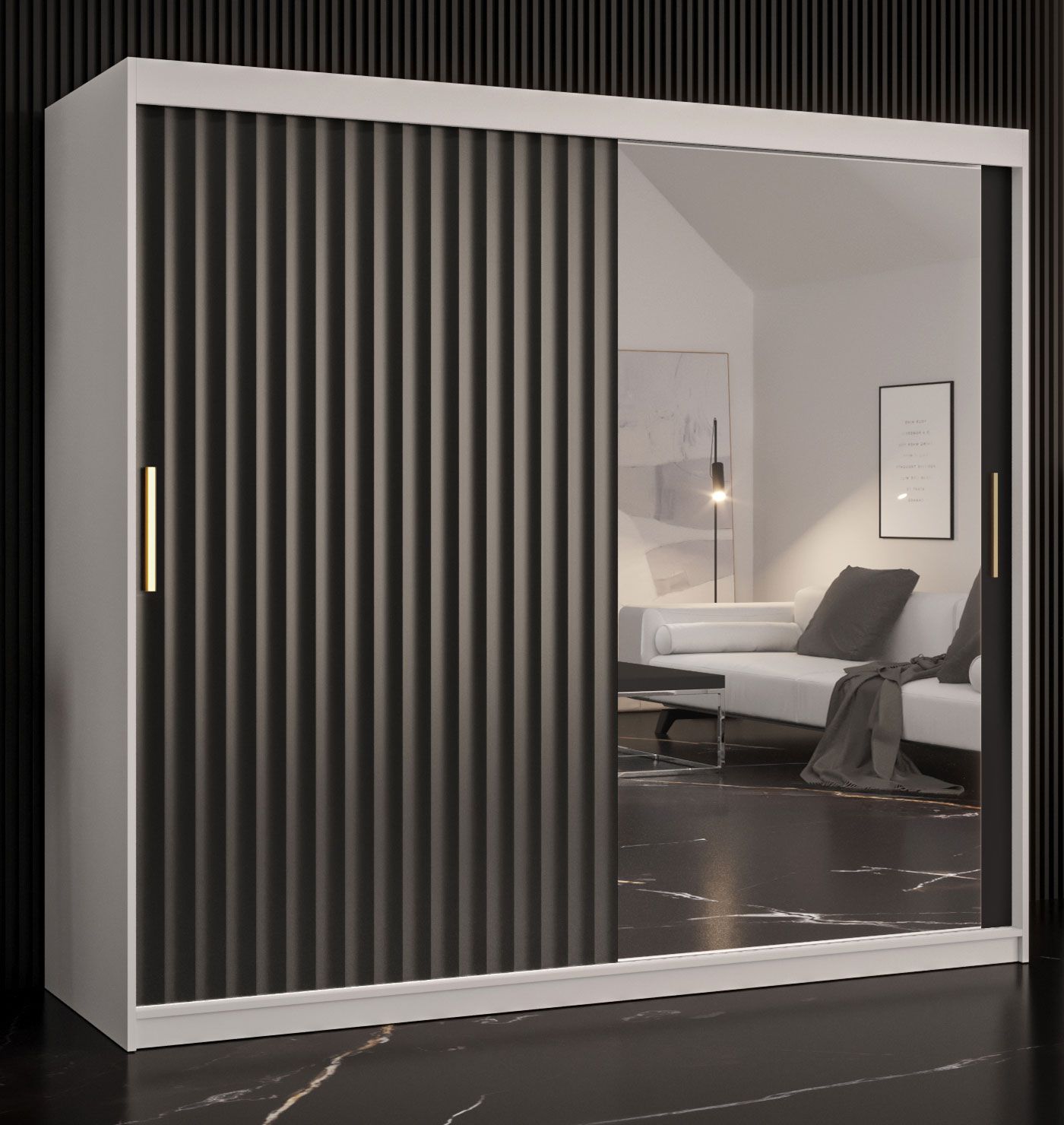 Elegante Armadio spazioso Balmenhorn 90, bianco opaco / nero opaco - 200 x 200 x 62 cm (h x l x p), con anta a specchio