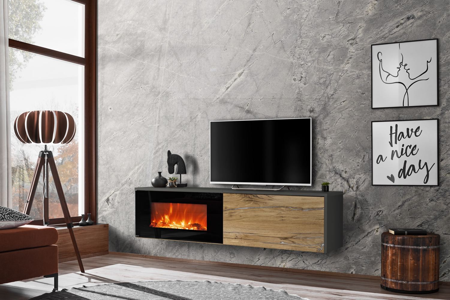 Mobile TV in stile moderno Bjordal 20, colore: rovere Flagstaff / antracite - dimensioni: 45 x 180 x 40 cm (A x L x P), con camino elettrico