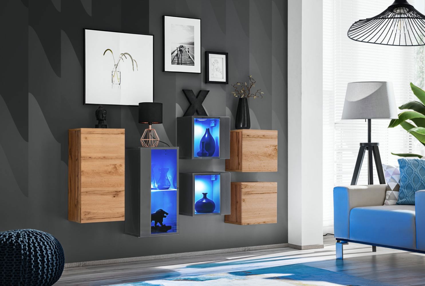 Set moderno di armadietti / pensili Volleberg 111, colore: rovere Wotan / grigio - Dimensioni: 80 x 150 x 25 cm (A x L x P), con illuminazione LED blu