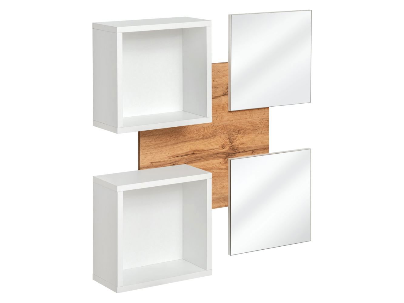 Pannello a parete con due specchi Pollestad 12, colore: rovere Wotan / bianco - Dimensioni: 100 x 100 x 20 cm (A x L x P), con due mensole a parete