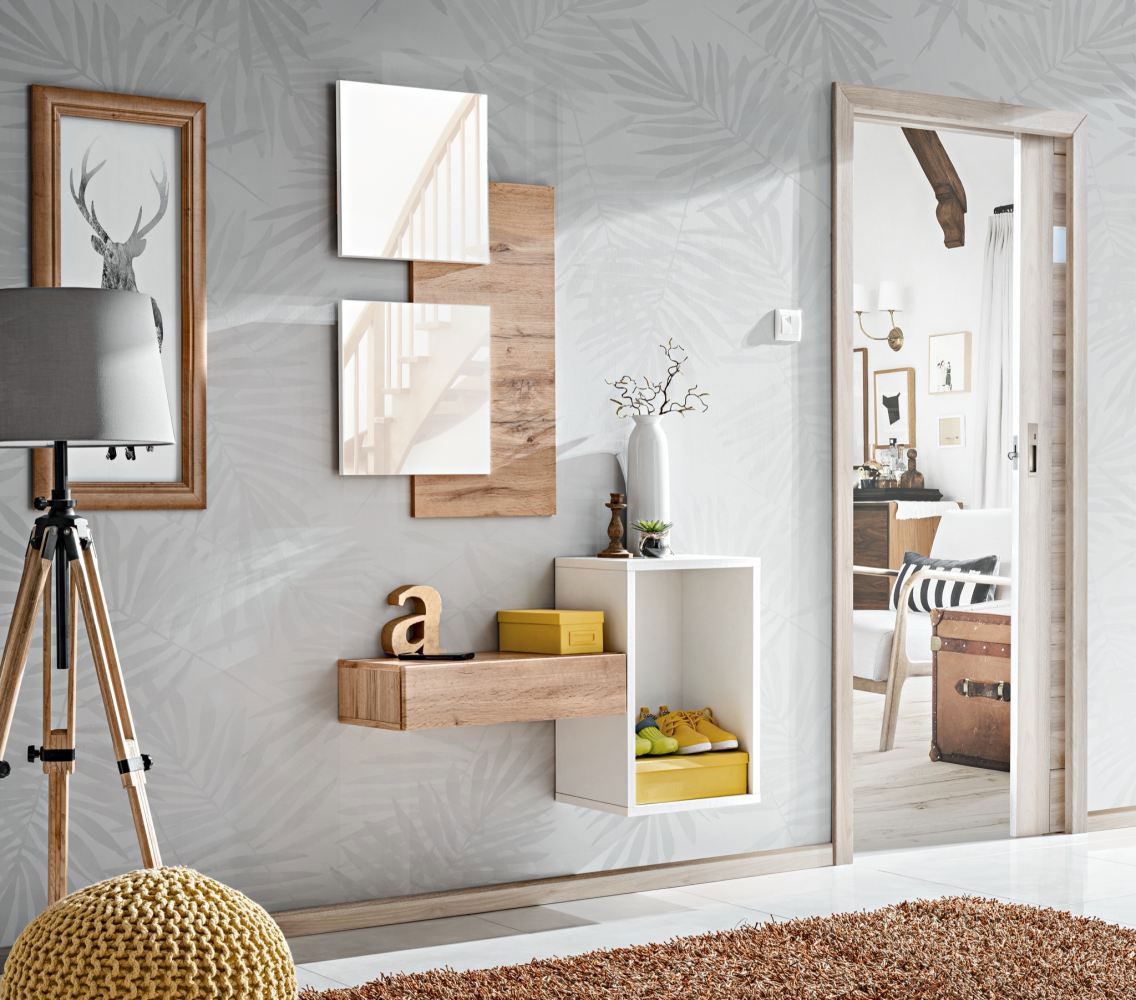 Pannello a parete con specchio e cassetto Pollestad 01, colore: rovere Wotan / bianco - dimensioni: 170 x 100 x 30 cm (A x L x P), con design elegante