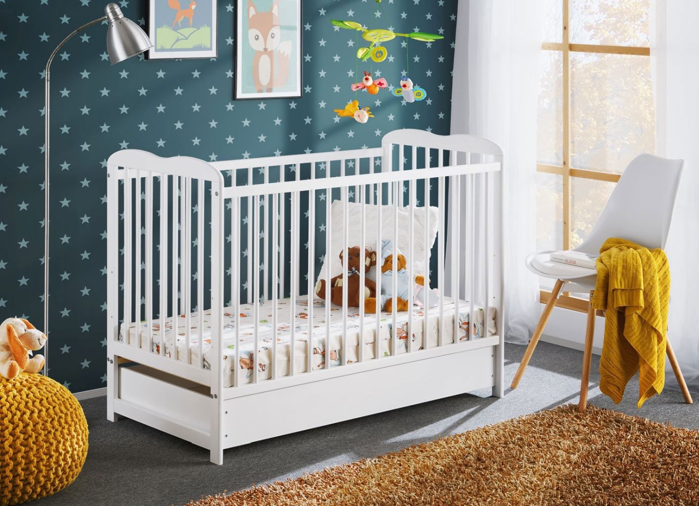 Culla neutra / letto per bambini, pino massiccio, Avaldsnes 07, colore: bianco - Dimensioni: 93 x 124 x 65 cm (A x L x P), con un cassetto
