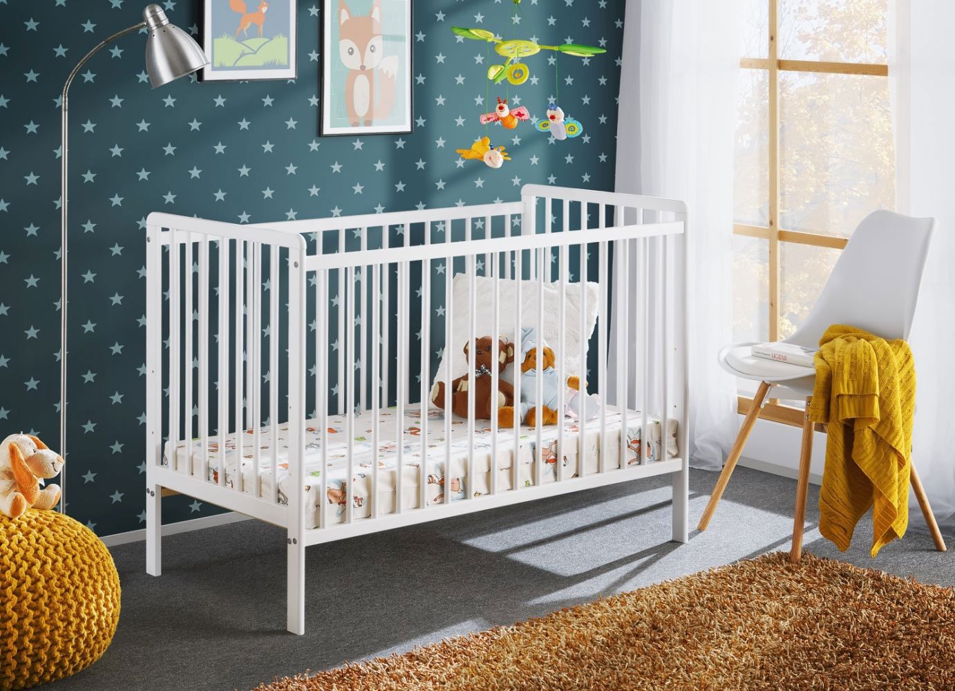 Culla neutra / letto per bambini, pino massiccio, Avaldsnes 02, colore: bianco - Dimensioni: 89 x 124 x 65 cm (A x L x P), con materasso in gommapiuma