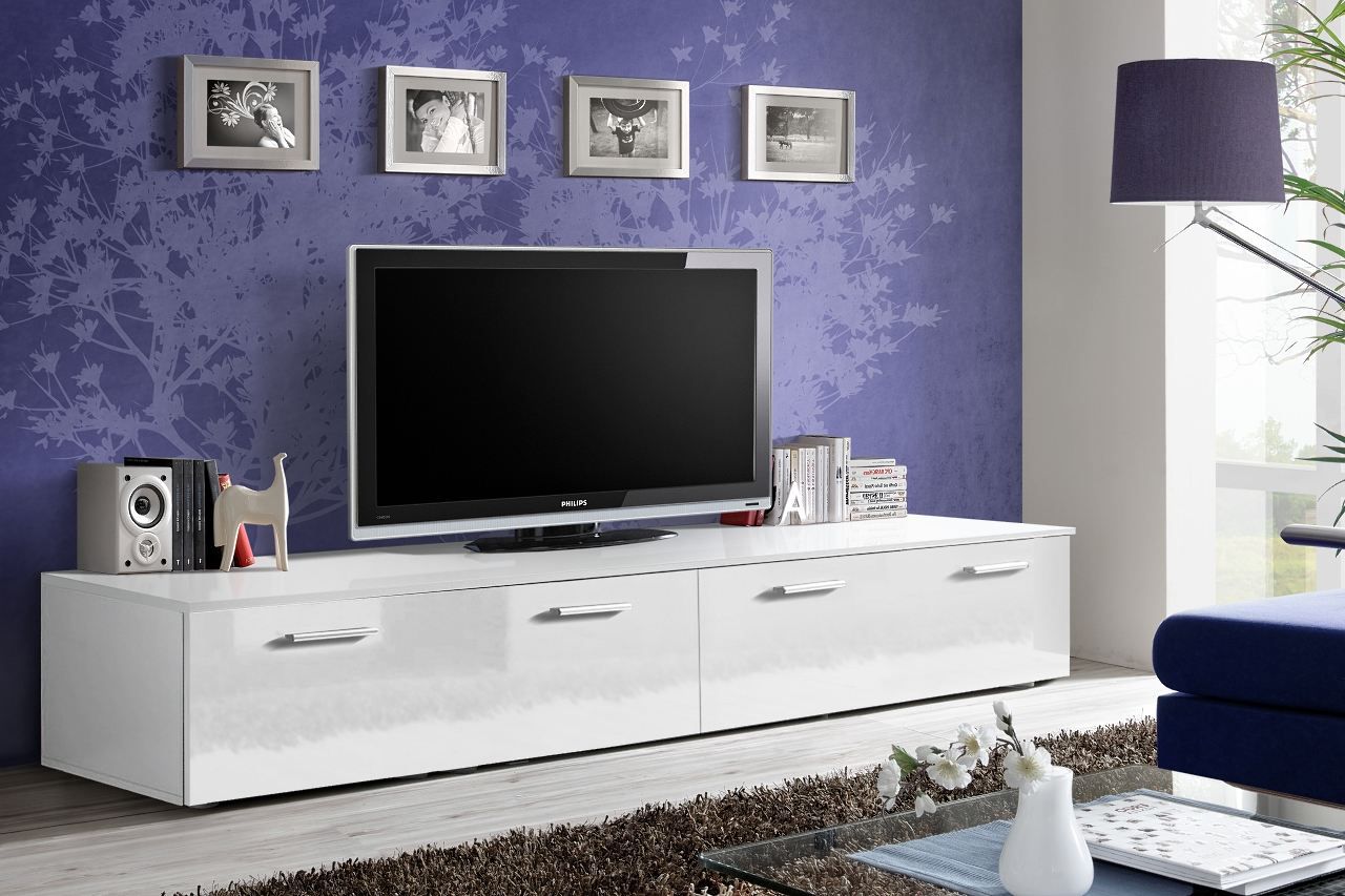 Mobile TV dal design moderno Bjordal 61, colore: bianco lucido - Dimensioni: 35 x 200 x 45 cm (A x L x P), con due ante