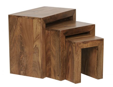 Set di 3 tavolini in legno massiccio di sheesham Apolo 153, colore: Sheesham tinto, lavorato a mano