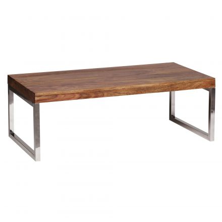 Tavolino artigianale in legno massiccio di sheesham Apolo 181, colore: sheesham / cromo - Dimensioni: 40 x 60 x 120 cm (A x L x P)