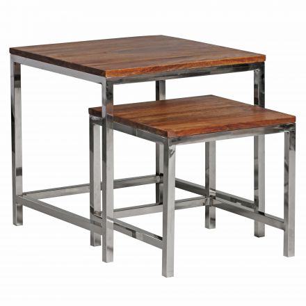 Set di 2 tavolini fatti a mano in legno massiccio di sheesham Apolo 182, colore: sheesham / cromo - Dimensioni: 45 x 45 x 45 cm (A x L x P)
