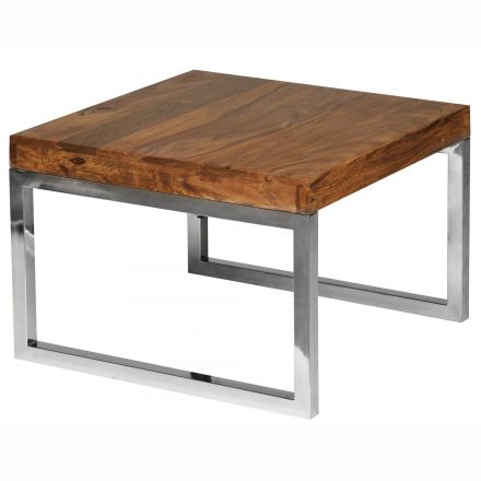 Tavolino in vero legno / tavolino Apolo 183, Colore: Sheesham / Cromo - Dimensioni: 40 x 60 x 60 cm (A x L x P), Realizzato a mano in legno massello di Sheesham