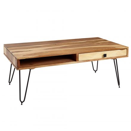 Tavolino elegante in legno massiccio di acacia, colore: acacia / nero - Dimensioni: 60 x 60 x 110 cm (A x L x P), con 2 cassetti