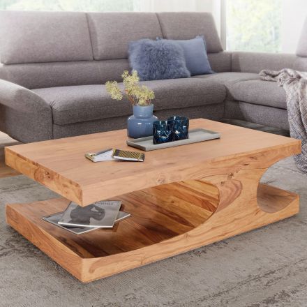 Tavolino da caffè dalla forma stravagante in legno massiccio di acacia, colore: acacia - dimensioni: 38 x 70 x 118 cm (A x L x P), realizzato a mano