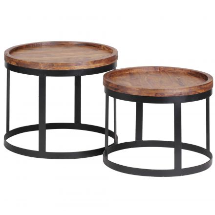 Tavolino rotondo in 2 parti in legno massiccio di sheesham, colore: sheesham / nero - Dimensioni: 40 x 48 x 48 cm (A x L x P), con bordo rialzato
