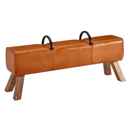 Panca in vera pelle e legno massiccio, colore: marrone / mango - Dimensioni: 60,5 x 133 x 34 cm (H x L x P)