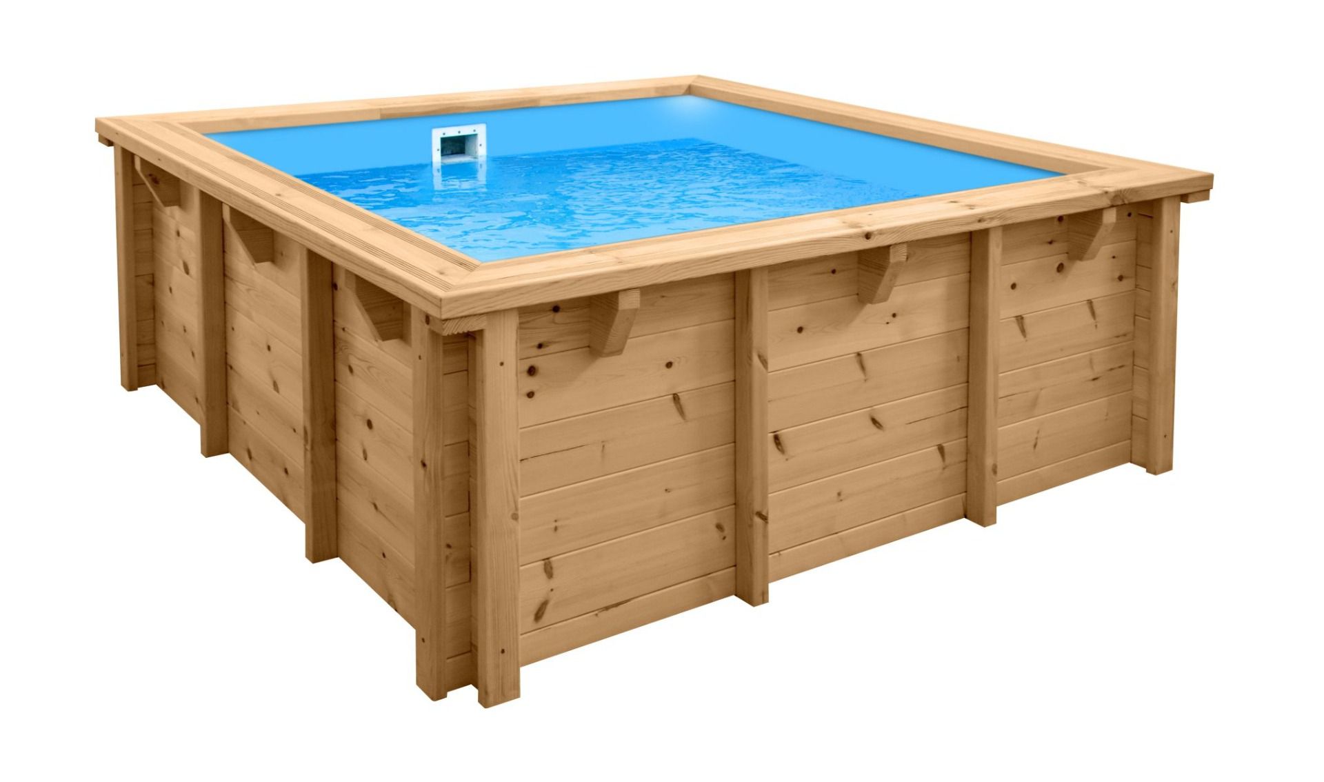 Piscina moderna Sunnydream 01 in legno, 2,10 x 2,10 metri, incluso sistema di filtraggio premium, materiale filtrante, liner per piscina, telo per pavimento e pareti, giunti angolari in acciaio inox
