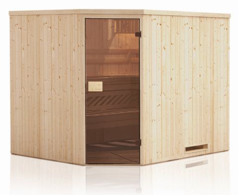 Sauna prefabbricata "Tirari" da 68 mm con tetto con bordino - misure esterne (l x p x h): 175 x 144 x 199 cm