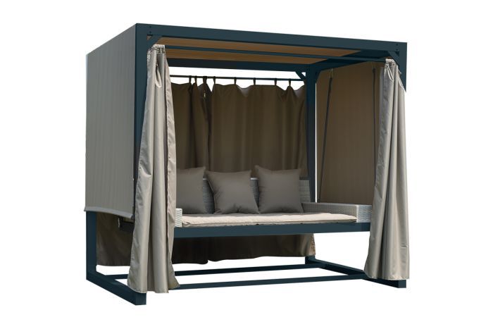 Letto lounge in rattan Paris con rivestimento in acciaio - colore: antracite, colore tessuto: taupe, lunghezza: 2360 mm, larghezza: 1800 mm, altezza: 2100 mm